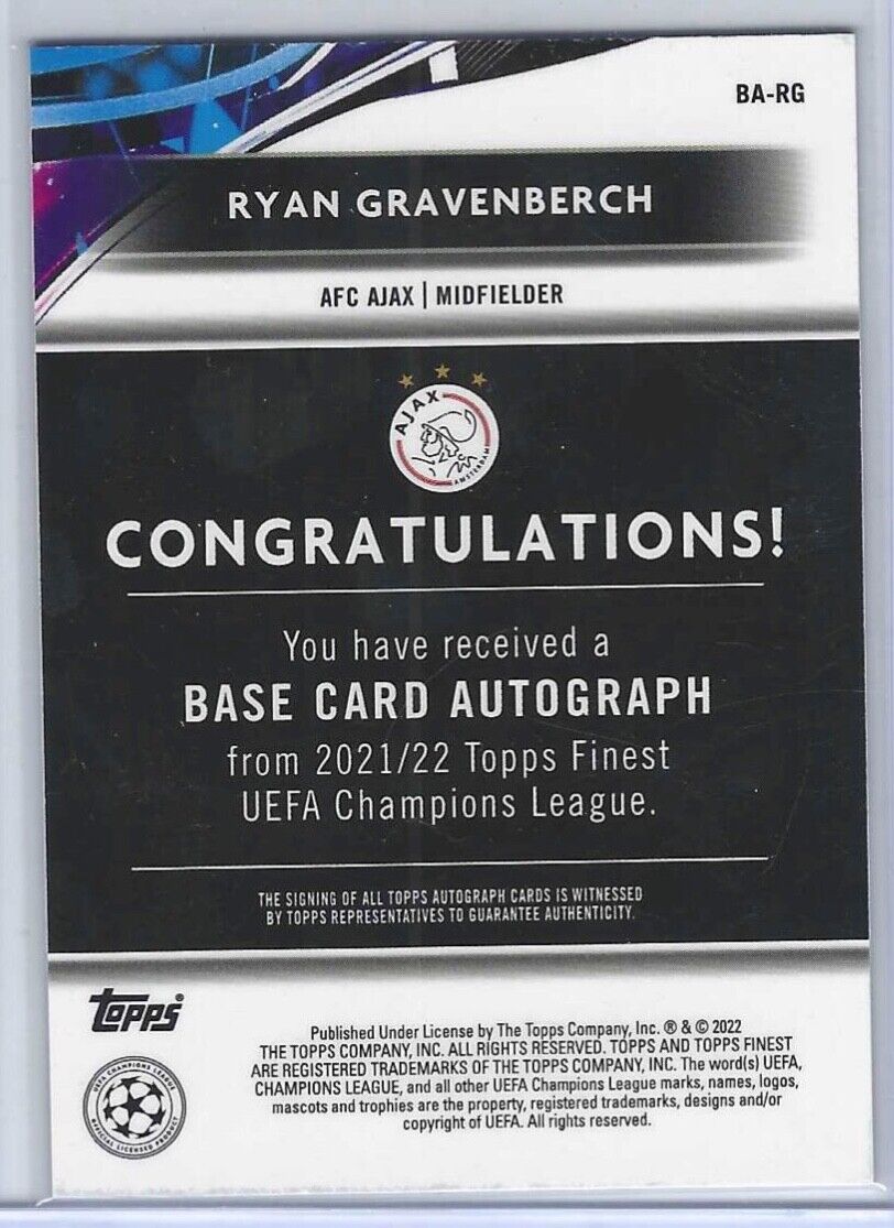 RYAN GRAVENBERCH 2021-22 TOPPS FINEST UCL SILVER REFRACTOR AUTO #BA-RG