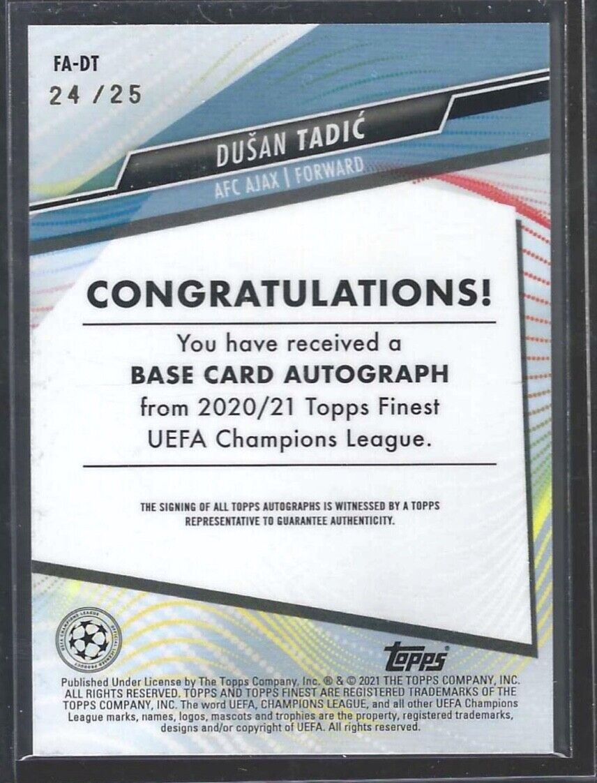 DUSAN TADIC 2020-21 TOPPS FINEST UCL ORANGE WAVE REFRACTOR AUTO #D 24/25