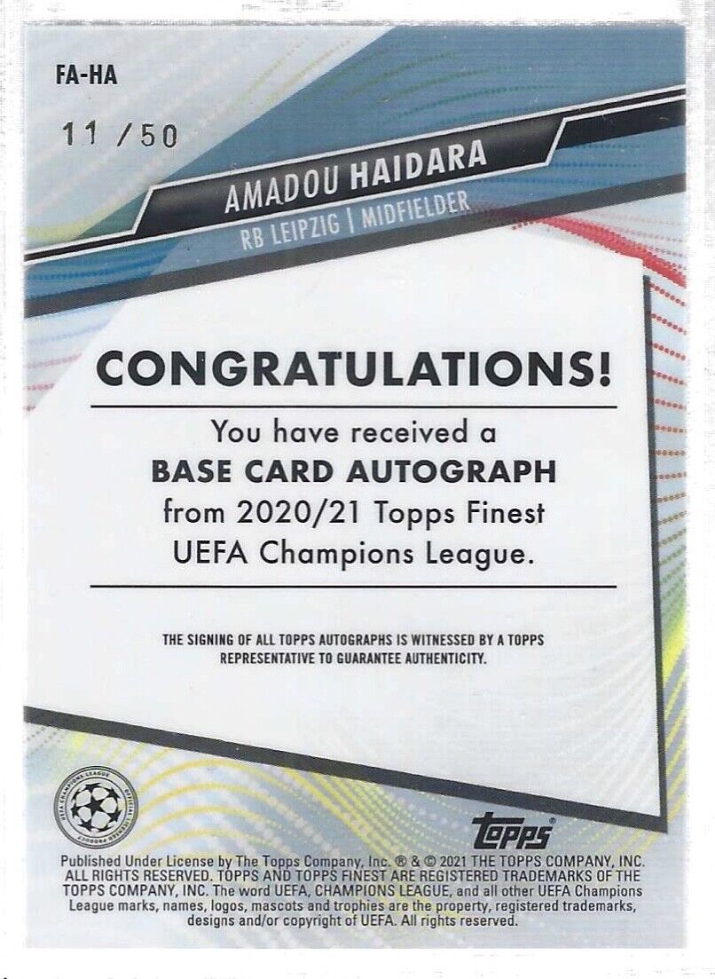AMADOU HAIDARA 2020-21 TOPPS FINEST UCL GOLD REFRACTOR ROOKIE AUTO RC #D 11/50
