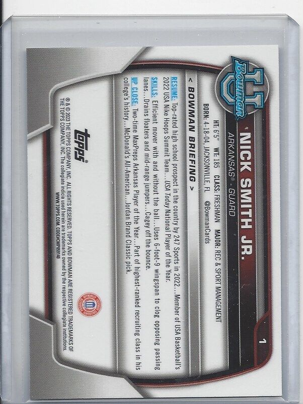 NICK SMITH JR 2023 BOWMAN CHROME 1ST UNIVERSITY SSP PHOTO VARIATION REFRACTOR RC