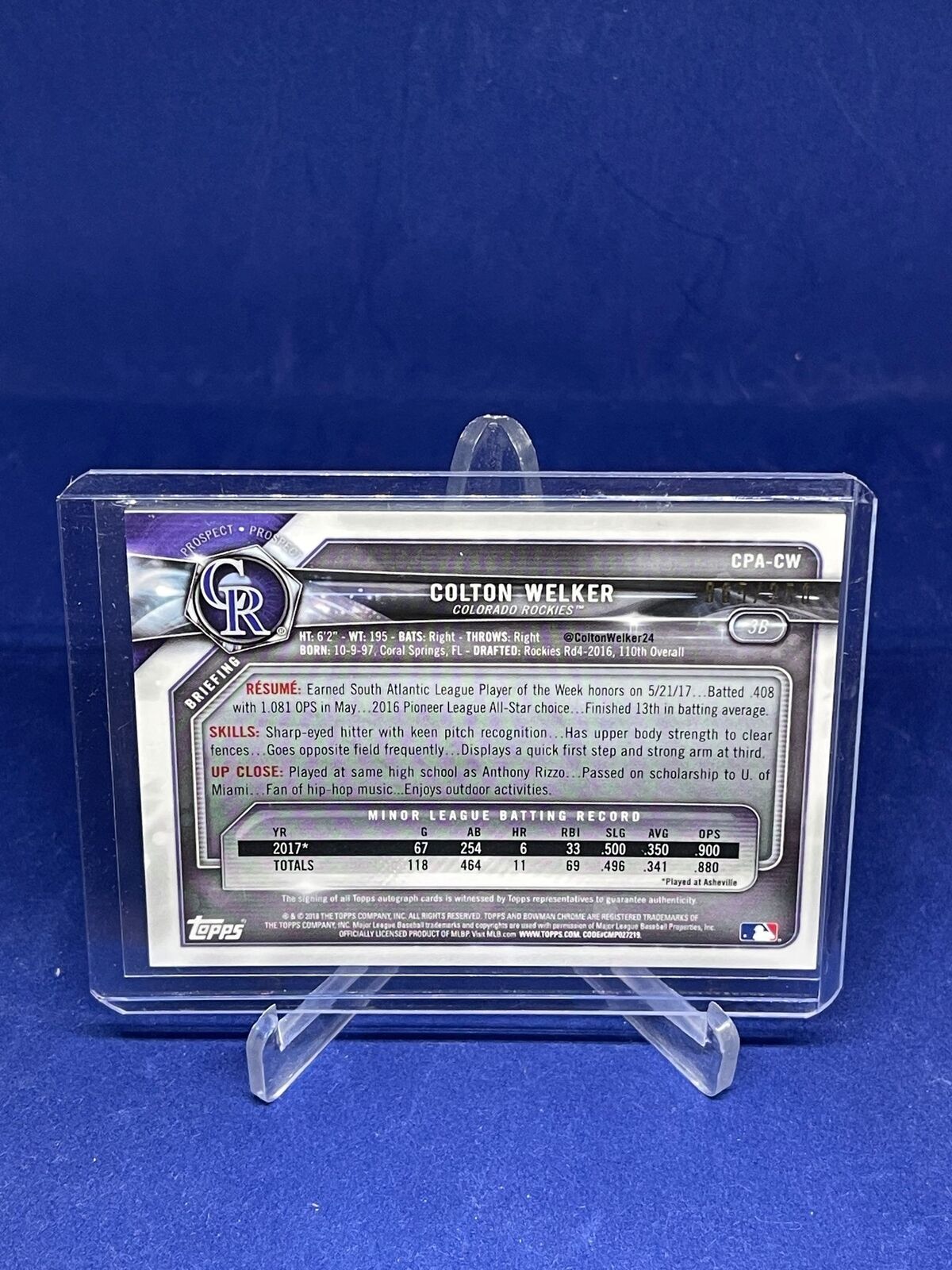 COLTON WELKER 2018 BOWMAN CHROME PURPLE ON CARD AUTO PROSPECT #D 65/250