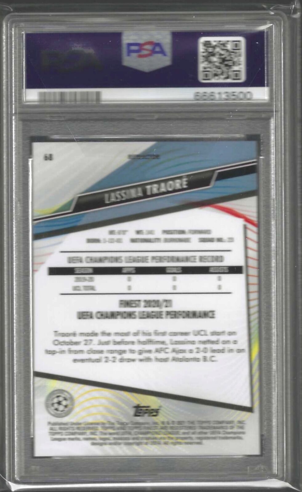 LASSINA TRAORE 2020-21 TOPPS FINEST SILVER REFRACTOR RC PSA 10 GEM MINT POP 1/1