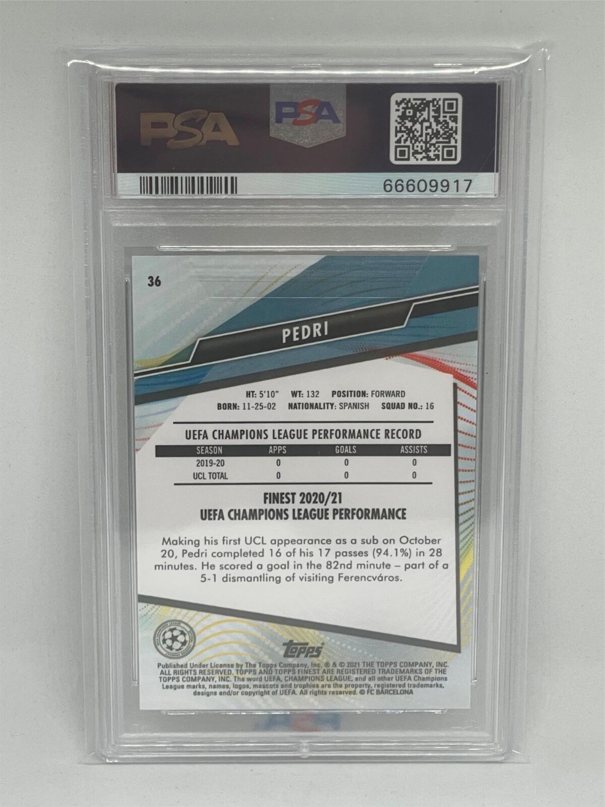 PEDRI 2020 TOPPS FINEST UEFA CHAMPIONS LEAGUE #36 ROOKIE RC PSA 10 GEM MINT