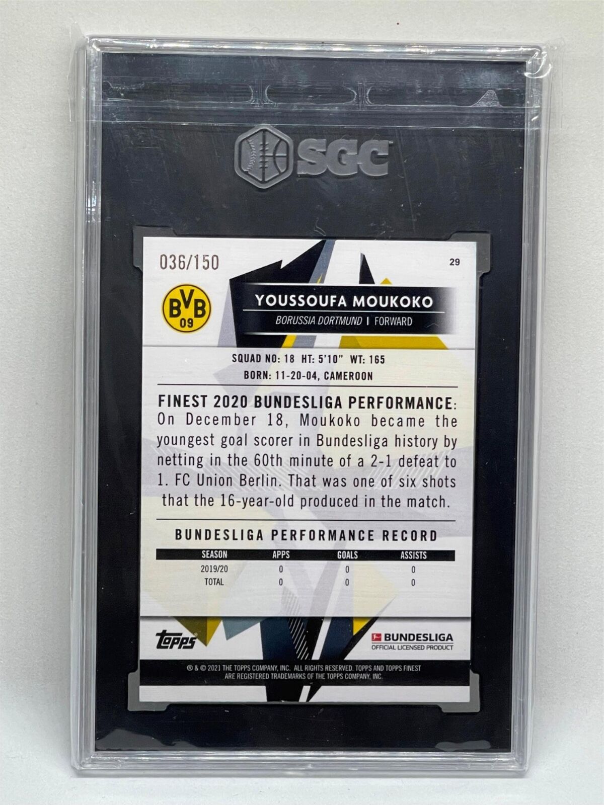 YOUSSOUFA MOUKOKO 2020-21 FINEST BUNDESLIGA BLUE WAVE REFRACTOR RC /150 SGC 8.5