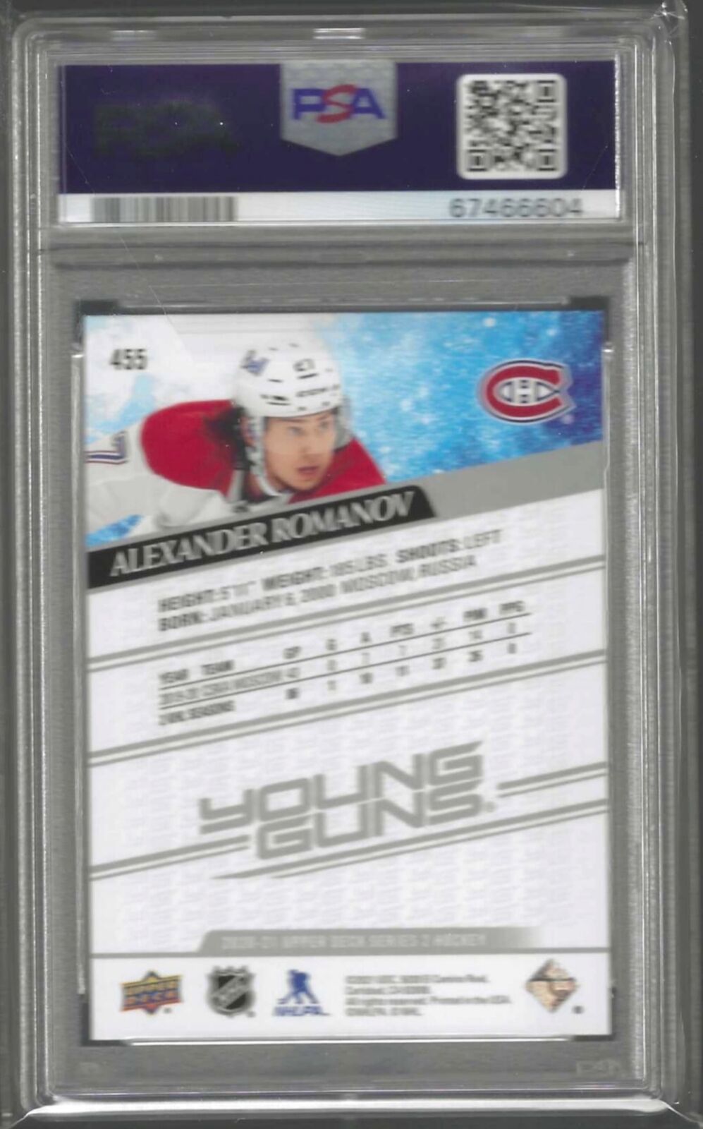 ALEXANDER ROMANOV 2020-21 UPPER DECK YOUNG GUNS ROOKIE RC #455 PSA 10 GEM MINT