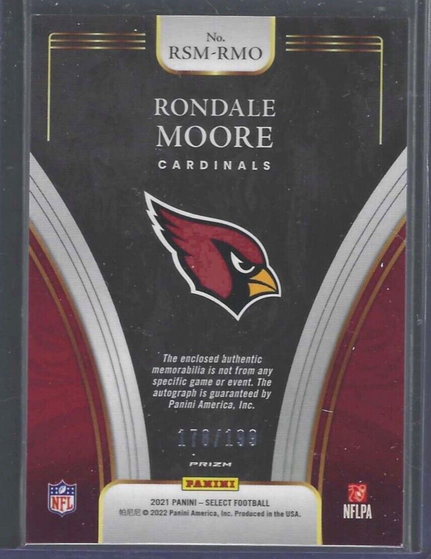 RONDALE MOORE 2021 PANINI SELECT SILVER PRIZM ROOKIE PATCH AUTO RC #D 178/199