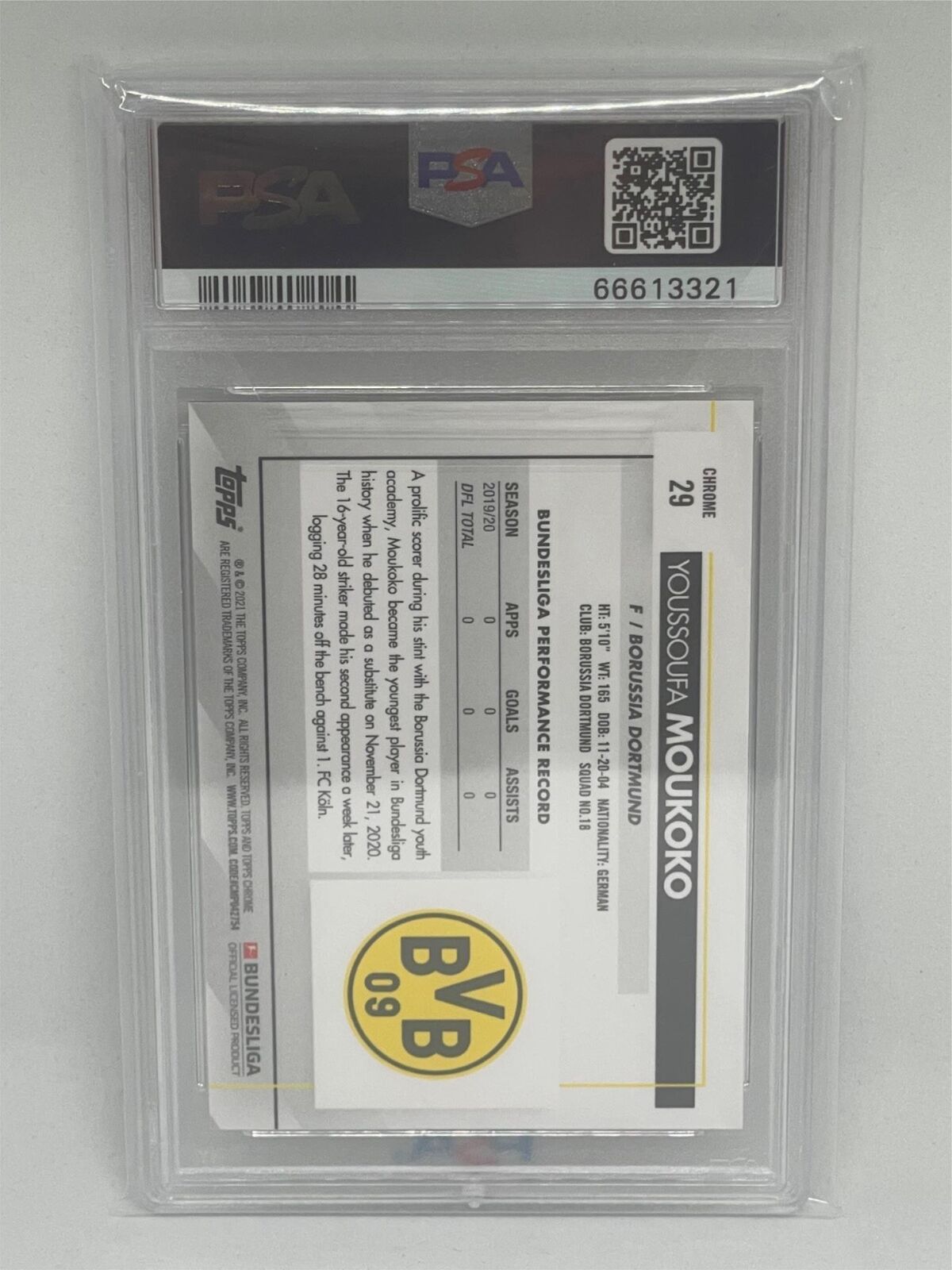 YOUSSOUFA MOUKOKO 2020-21 TOPPS CHROME BUNDESLIGA #29 ROOKIE RC PSA 10 GEM MINT