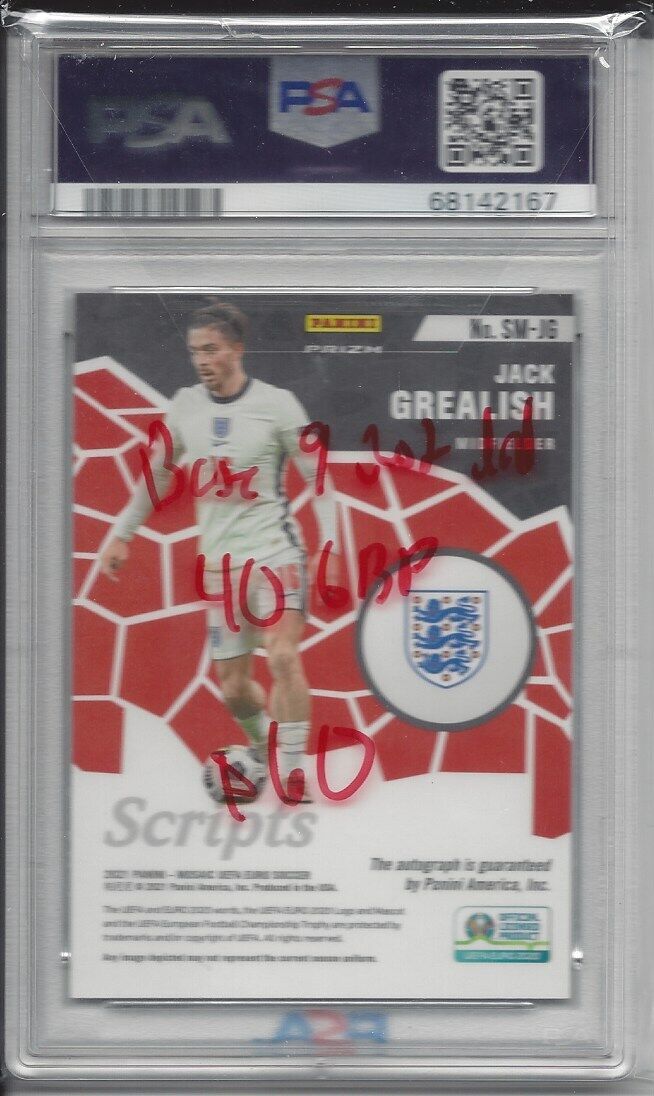 JACK GREALISH 2020-21 MOSAIC UEFA EURO '20 SCRIPTS GREEN PRIZM AUTO PSA 9 MINT