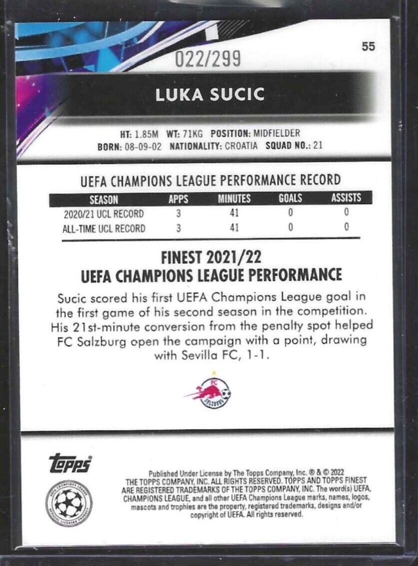 LUKA SUCIC 2021-22 TOPPS FINEST PURPLE REFRACTOR ROOKIE RC #D 022/299