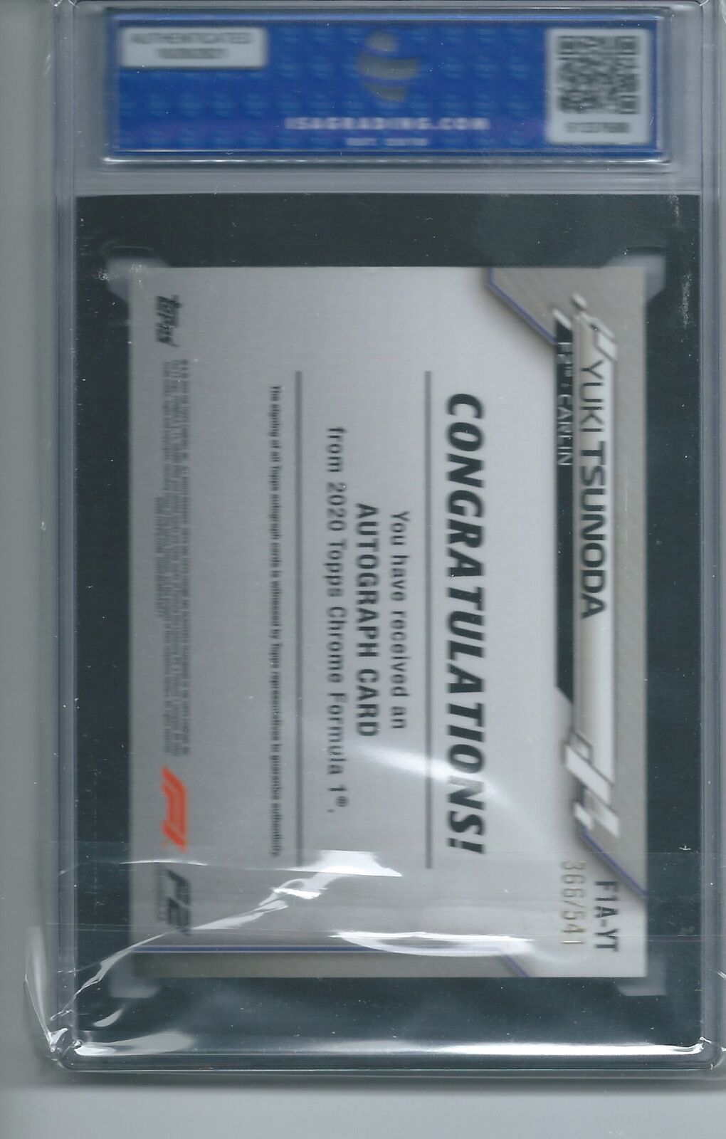 YUKI TSUNODA 2020 TOPPS CHROME FORMULA 1 AUTO REFRACTOR #D /541 ISA 9 MINT