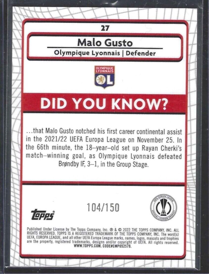 MALO GUSTO 2021-22 TOPPS MERLIN SILVER SPECKLE REFRACTOR ROOKIE RC #D 104/150