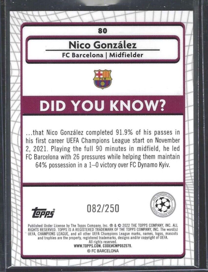 NICO GONZALEZ 2021-22 TOPPS MERLIN ATOMIC ICE REFRACTOR ROOKIE RC #D 082/250