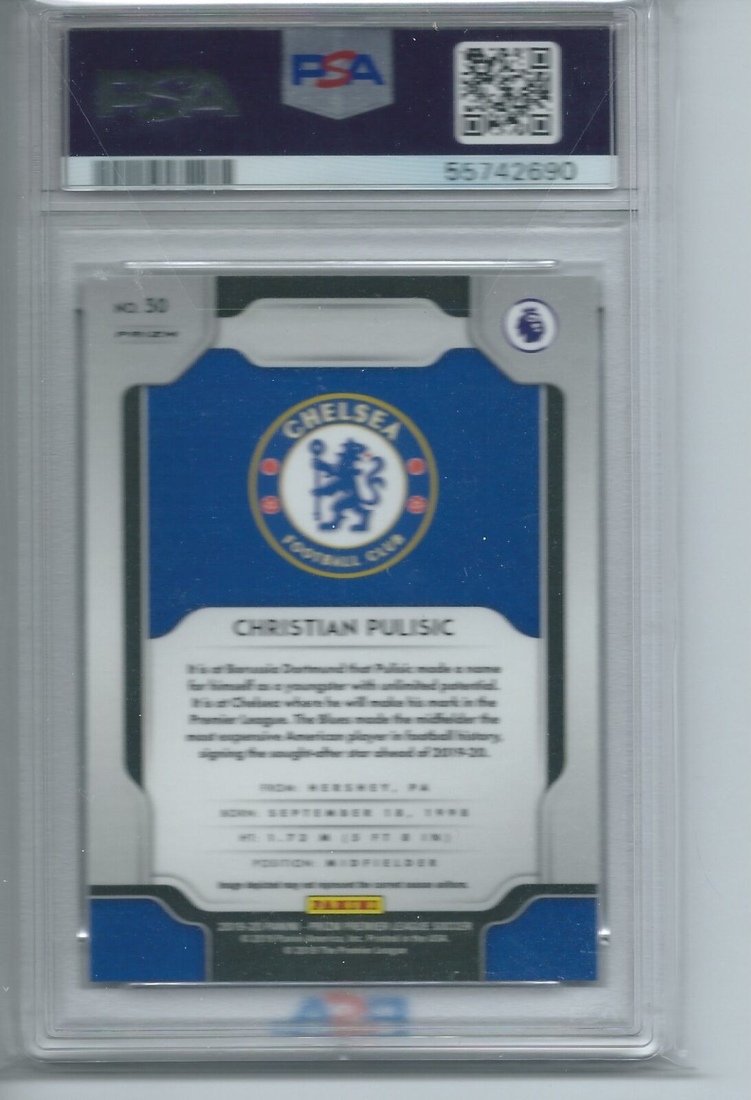 CHRISTIAN PULISIC 2019-20 PANINI PRIZM PREMIER LEAGUE HYPER PRIZM RC PSA 10 GEM