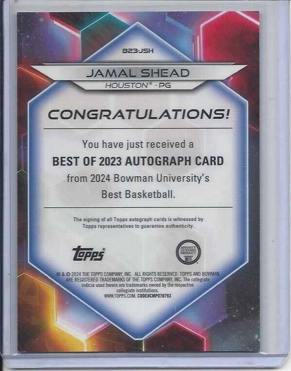 JAMAL SHEAD 2023 BOWMAN'S BEST UNIVERSITY GOLD GEOMETRIC REFRACTOR AUTO /50