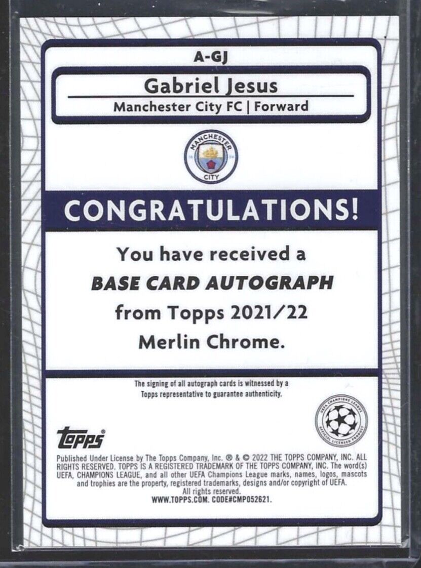 GABRIEL JESUS 2021-22 TOPPS MERLIN UEFA SILVER REFRACTOR AUTO #A-GJ