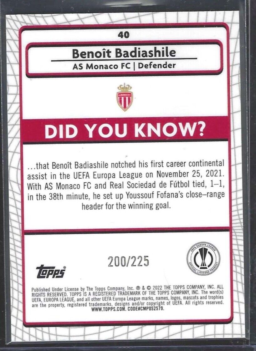 BENOIT BADIASHILE 2021-22 TOPPS MERLIN YELLOW WAVE REFRACTOR RC #D 200/225