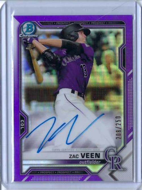 ZAC VEEN 2021 TOPPS BOWMAN CHROME PROSPECT PURPLE REFRACTOR ON CARD AUTO #D /250