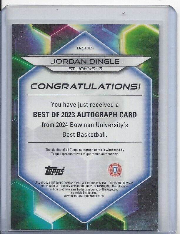 JORDAN DINGLE 2023 BOWMAN'S BEST UNIVERSITY GOLD REFRACTOR AUTO #D 6/50