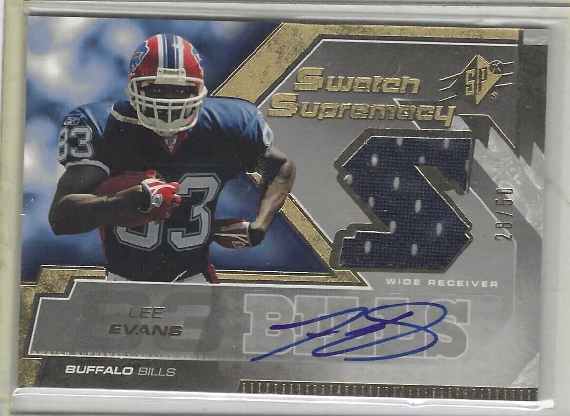 LEE EVANS 2005 UPPER DECK SWATCH SUPREMACY GOLD JERSEY AUTO #D 28/50