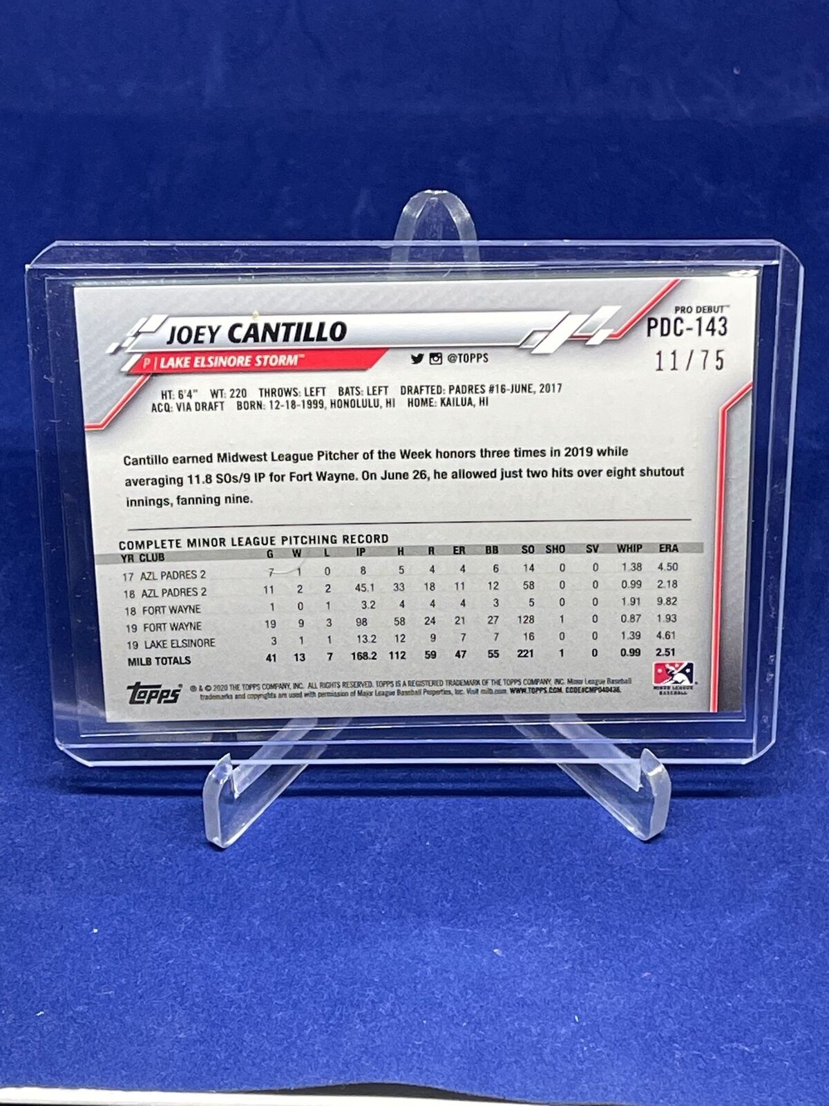 JOEY CANTILLO 2020 TOPPS CHROME PRO DEBUT PROSPECT GOLD REFRACTOR #D 11/75