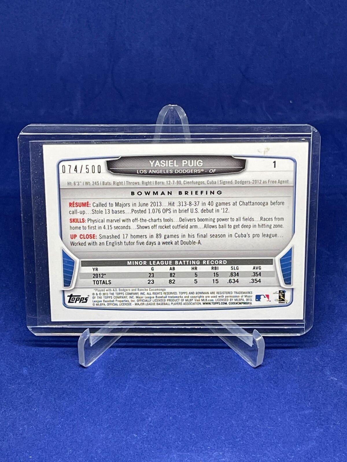 YASIEL PUIG 2013 BOWMAN BLUE ROOKIE RC #D 74/500