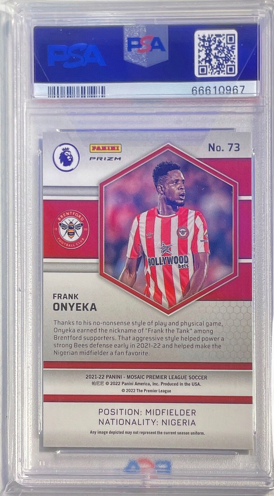 FRANK ONYEKA 2021-22 PANINI MOSAIC EPL SILVER PRIZM RC #73 PSA 10 GEM POP 1/1