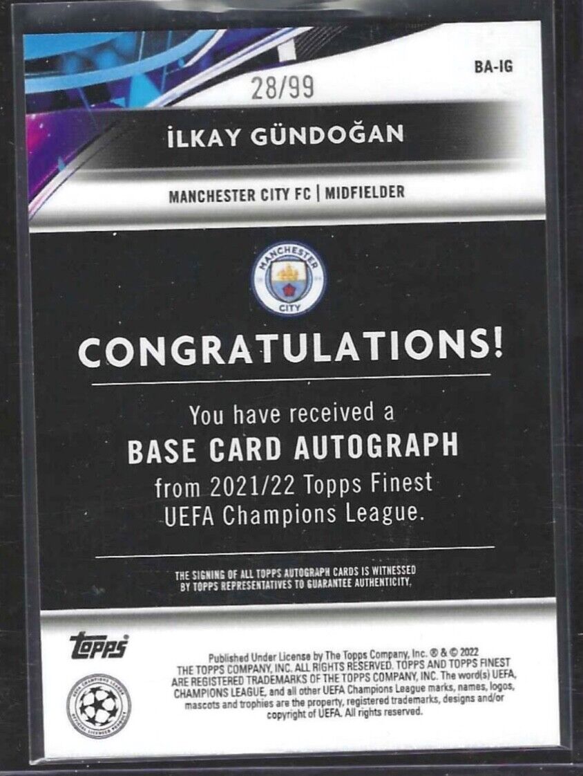 ILKAY GUNDOGAN 2021-22 TOPPS FINEST GREEN REFRACTOR AUTO #D 28/99