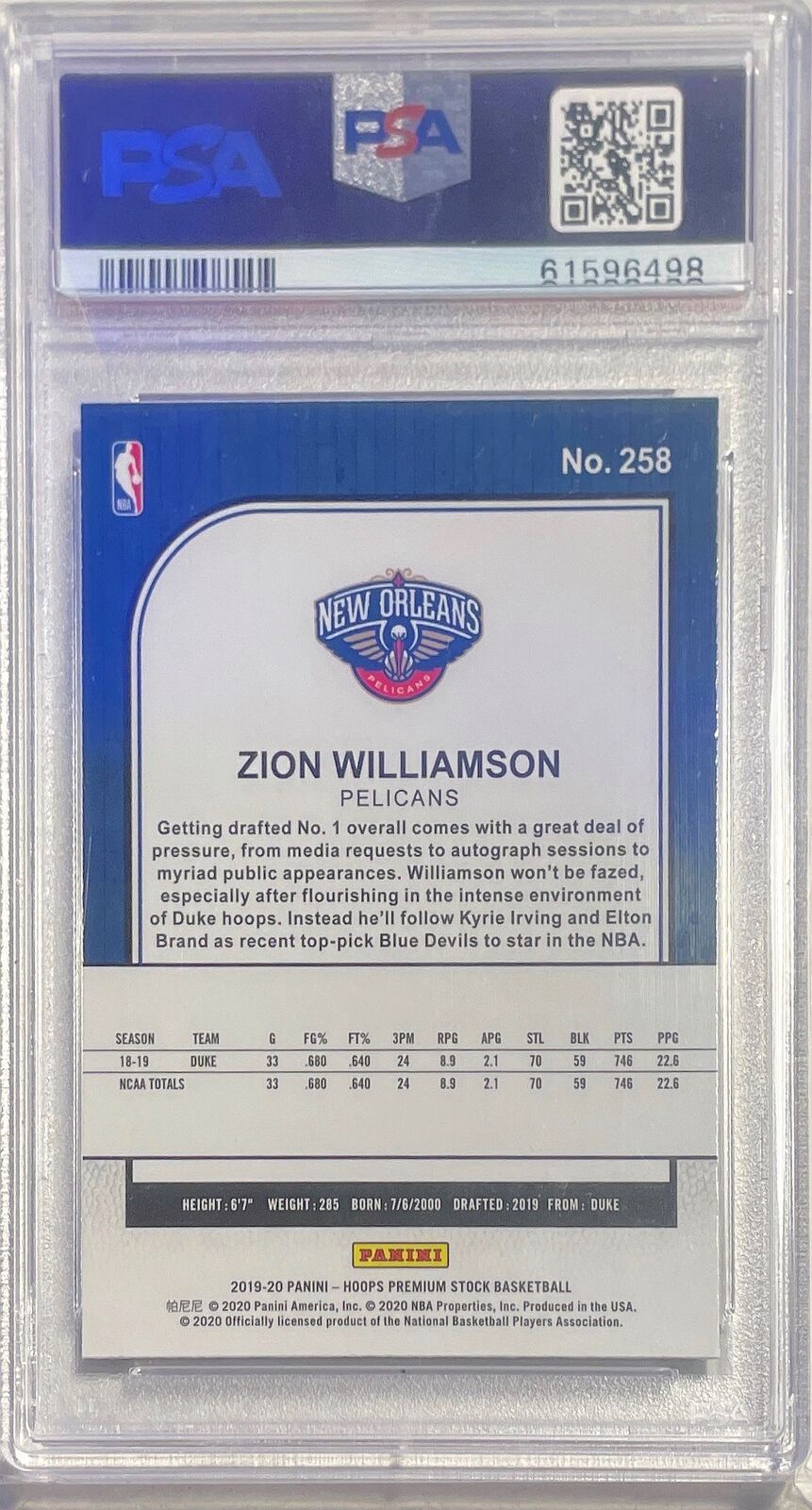 ZION WILLIAMSON 2019-20 PANINI HOOPS PREMIUM STOCK ROOKIE RC #258 PSA 10 MINT