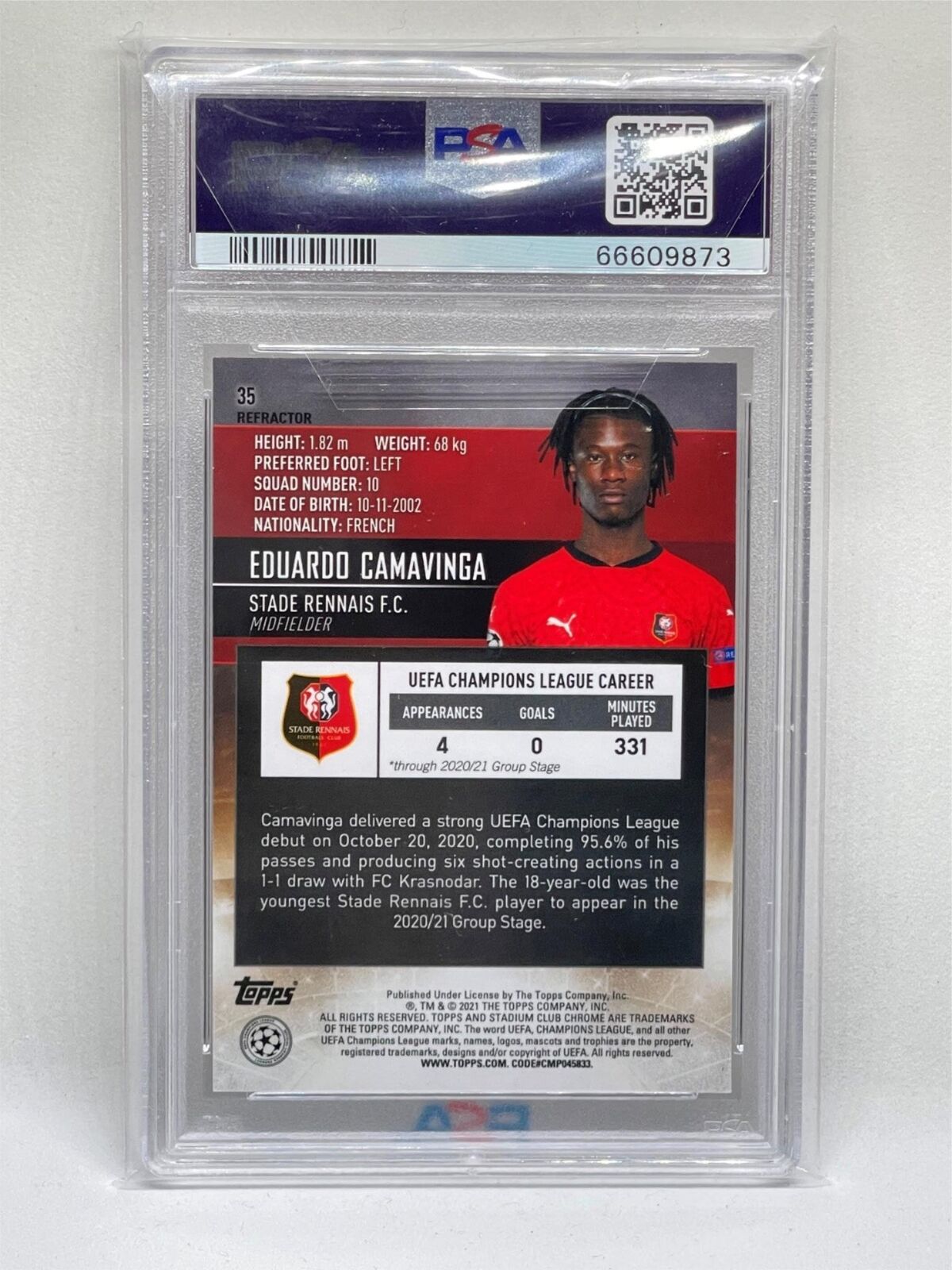 EDUARDO CAMAVINGA 2020-21 STADIUM CLUB CHROME REFRACTOR ROOKIE RC #35 PSA 9