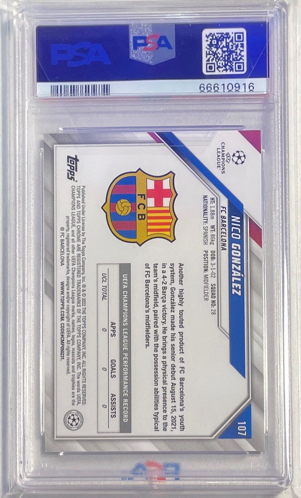 NICO GONZALEZ 2021-22 TOPPS CHROME UCL ROOKIE RC #107 PSA 10 GEM MINT POP 1/1