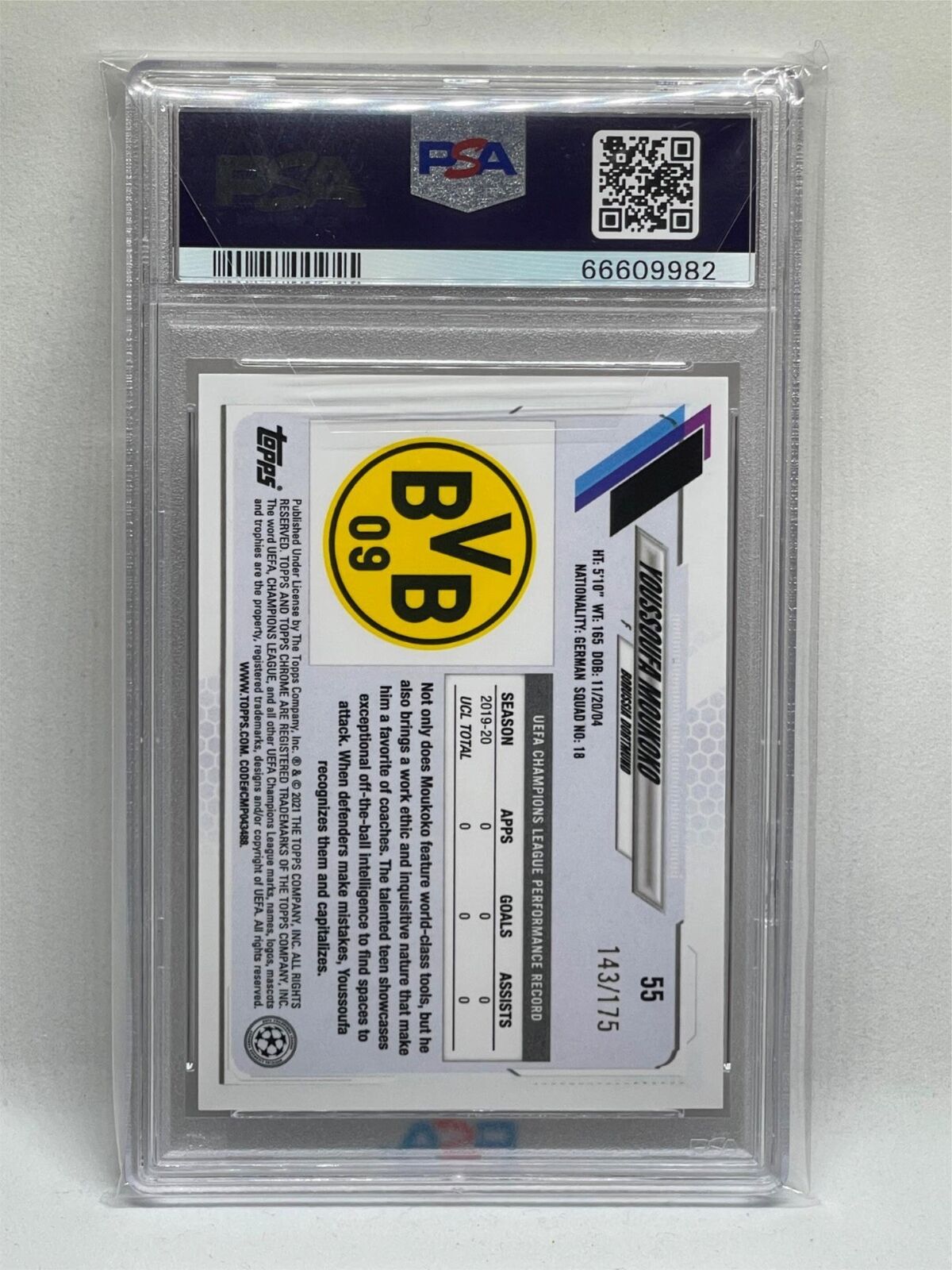 YOUSSOUFA MOUKOKO 2020 TOPPS CHROME PINK MINI DIAMOND REFRACTOR RC /175 PSA 9
