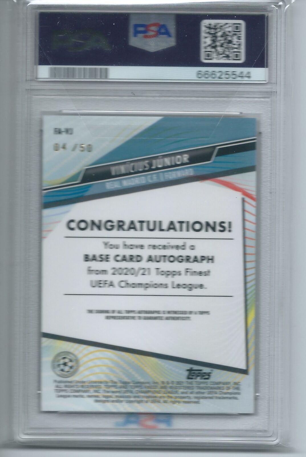 VINICIUS JUNIOR 2020-21 FINEST UCL GOLD REFRACTOR AUTO #D 4/50 PSA 10 GEM POP 2