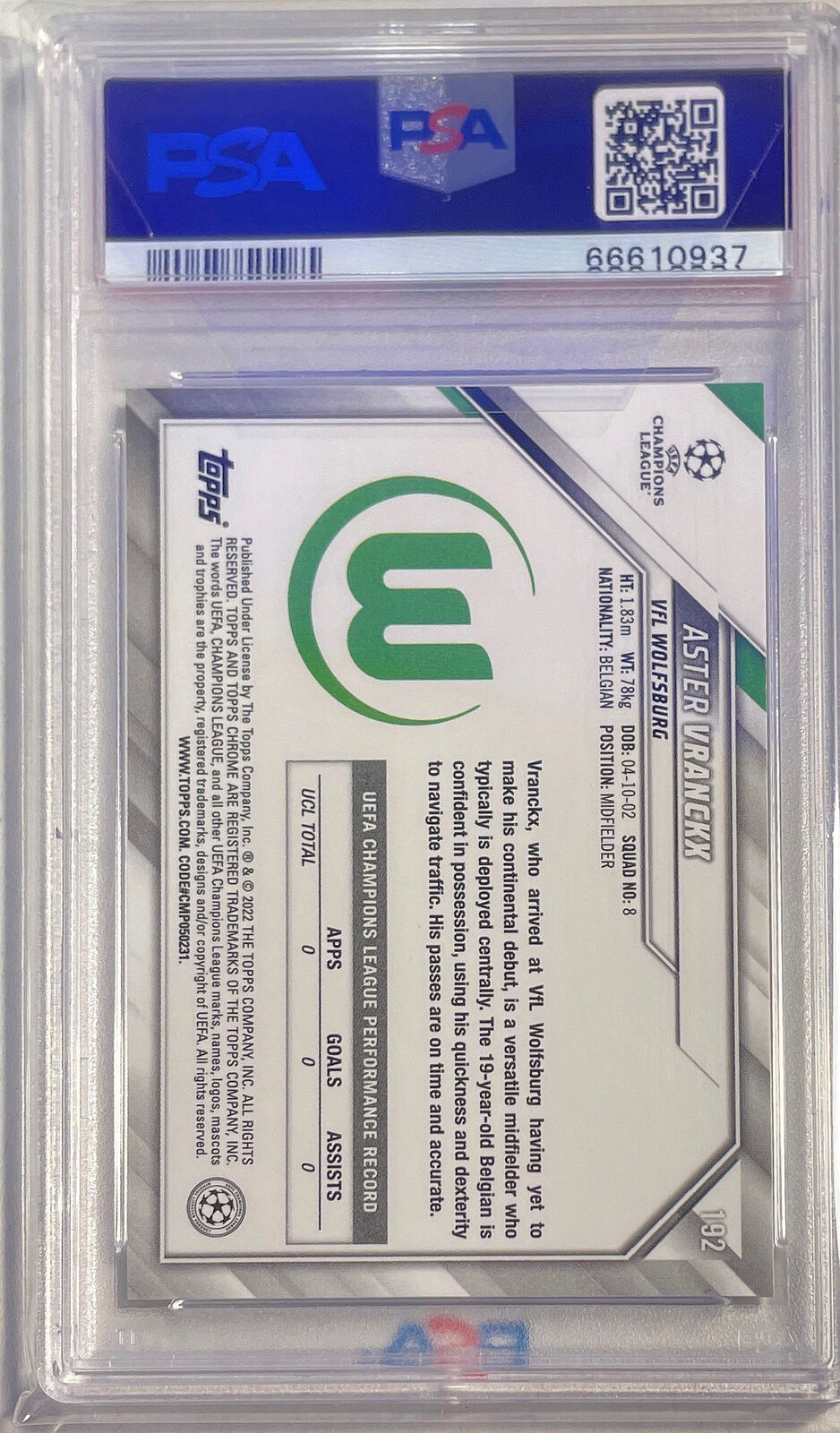 ASTER VRANCKX 2021 TOPPS CHROME BLACK WHITE RAYWAVE REFRACTOR RC 192 PSA 10 POP3
