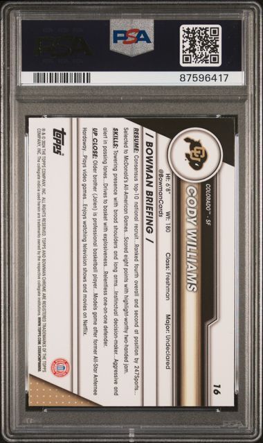 CODY WILLIAMS 2023 BOWMAN CHROME U PHOTO VARIATION SHORT PRINT #16 PSA 10 POP 3