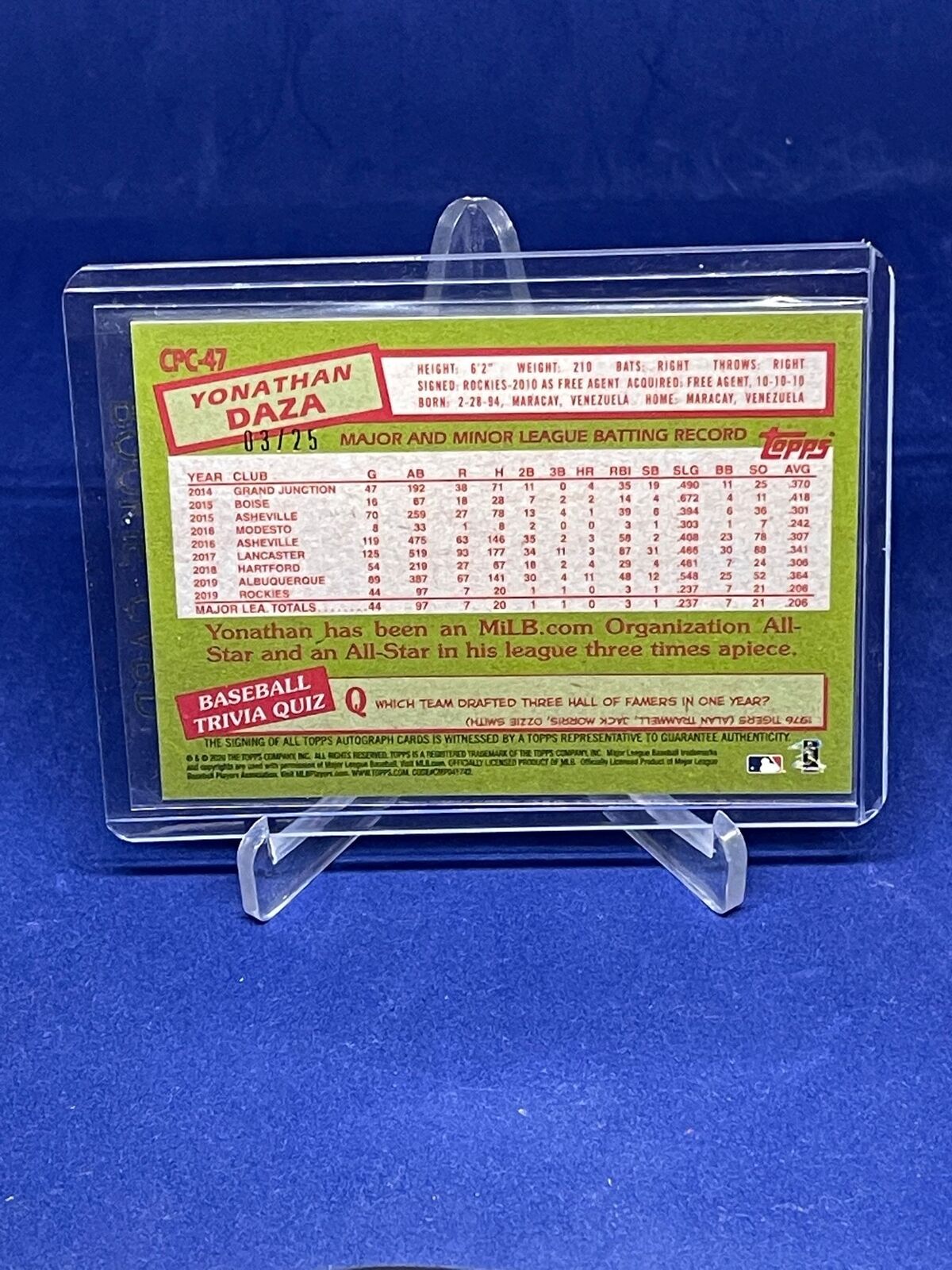 YONATHAN DAZA 2020 TOPPS CHROME SILVER PACK ORANGE REFRACTOR AUTO RC #D 3/25