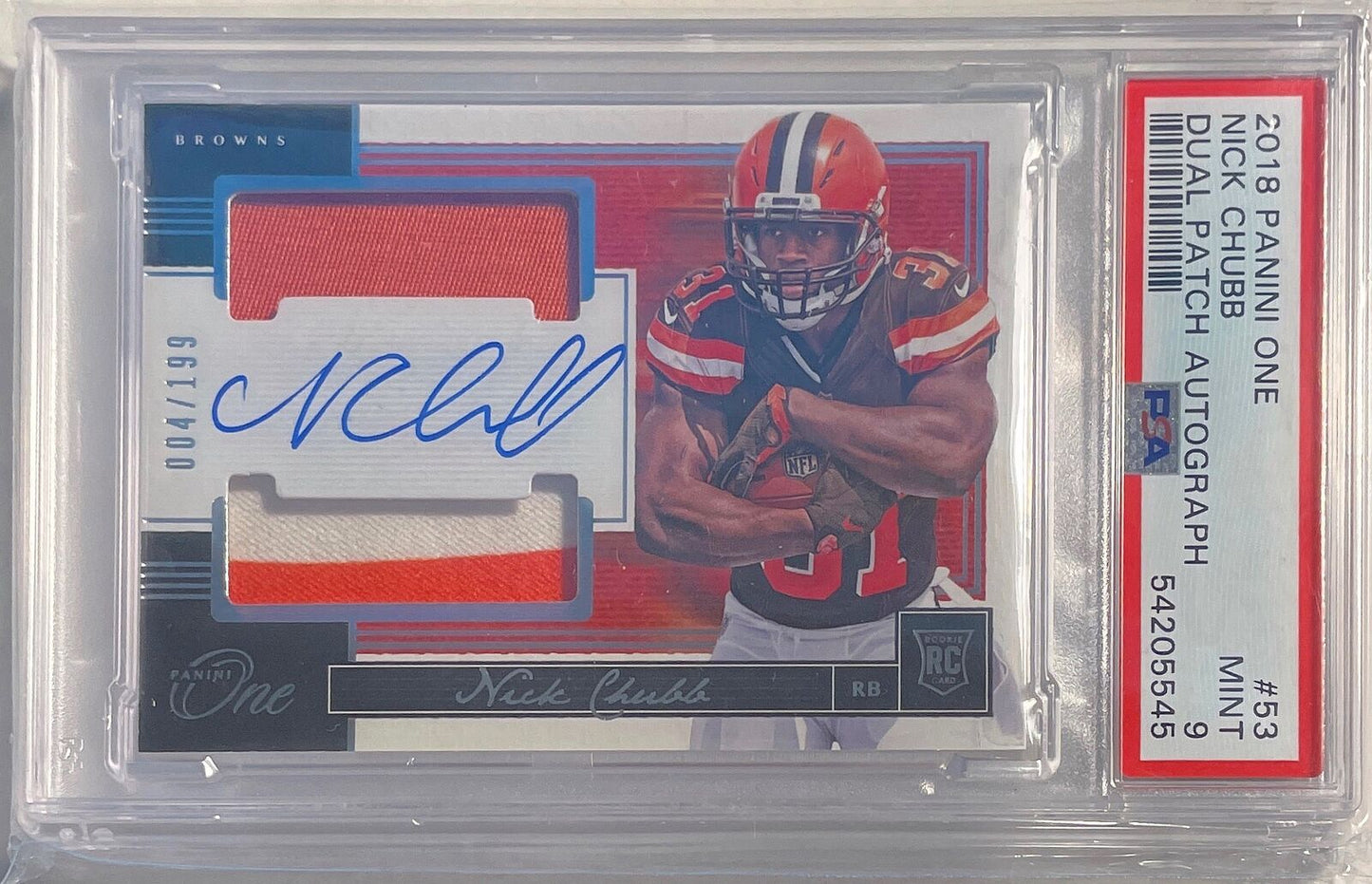 NICK CHUBB 2018 PANINI ONE DUAL PATCH AUTO ROOKIE RC #D 004/199 PSA 9 MINT