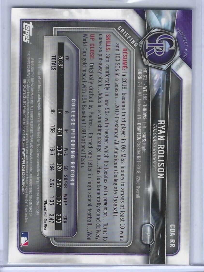 RYAN ROLISON 2018 BOWMAN CHROME PURPLE REFRACTOR 1ST PROSPECT AUTO #D 139/250