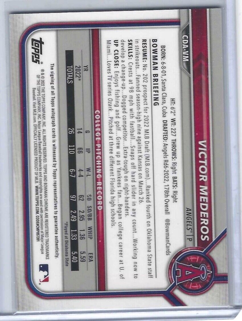 VICTOR MEDEROS 2022 BOWMAN CHROME PURPLE REFRACTOR 1ST PROSPECT AUTO #D 142/250