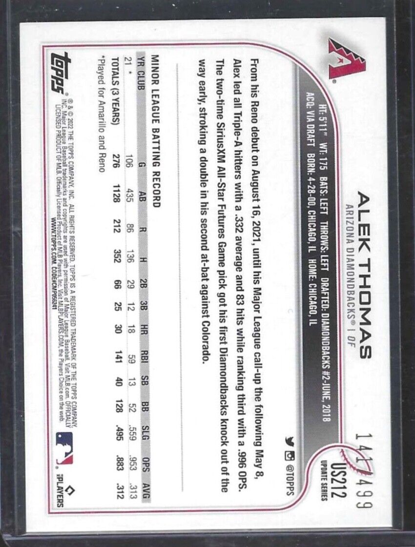 ALEK THOMAS 2022 TOPPS UPDATE SERIES GREEN CRACKED ICY FOIL ROOKIE RC #D 141/499