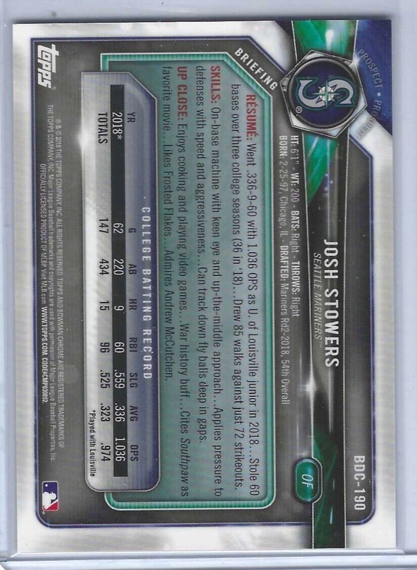 JOSH STOWERS 2018 BOWMAN CHROME DRAFT GOLD REFRACTOR 1ST PROSPECT #D 40/50