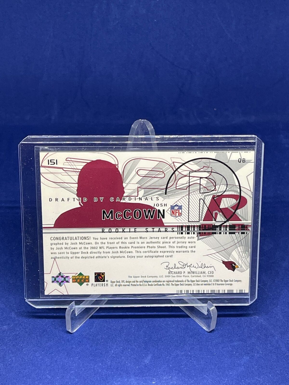 JOSH MCCOWN 2002 SPX ROOKIE STARS JERSEY AUTO RC #D 545/999