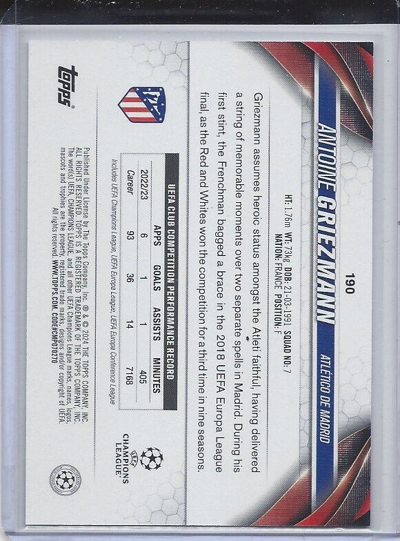ANTOINE GRIEZMANN 2023-24 TOPPS UCL CLUB PHOTO VARIATION SHORT PRINT SP #190