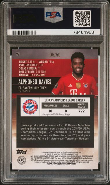 ALPHONSO DAVIES 2020-21 STADIUM CLUB CHROME UCL GOLD REFRACTOR 5/50 PSA 10 GEM