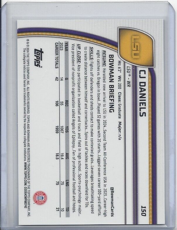 CJ DANIELS 2024 BOWMAN CHROME UNIVERSITY 1ST LSU FUCHSIA REFRACTOR #D /150