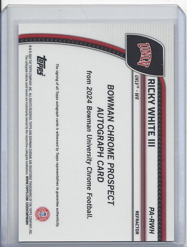 RICKY WHITE III 20224 BOWMAN CHROME UNIVERSITY UNLV REFRACTOR AUTO /299