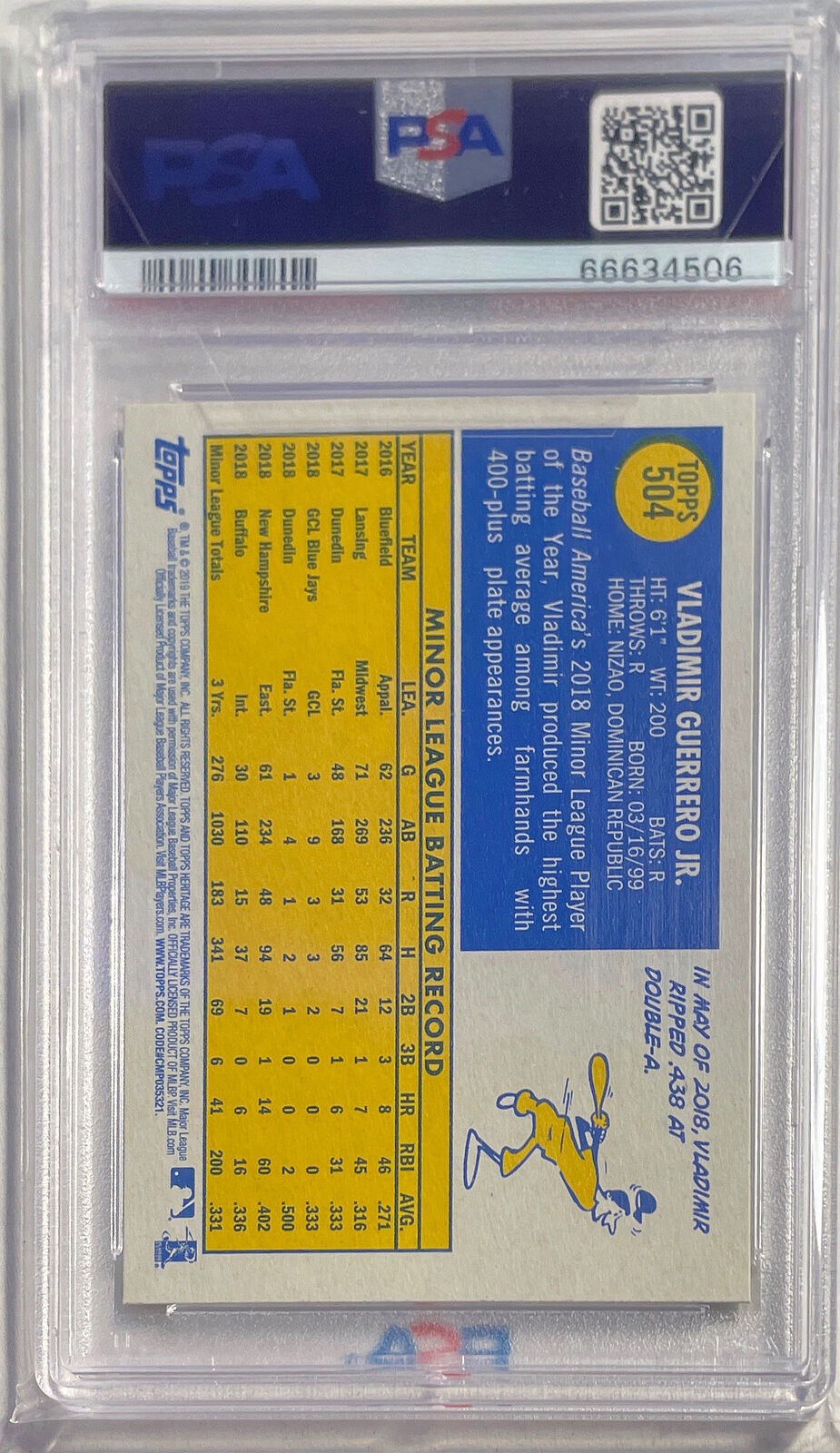 VLADIMIR GUERRERO JR. 2019 TOPPS HERITAGE ROOKIE RC #504 PSA 10 GEM MINT