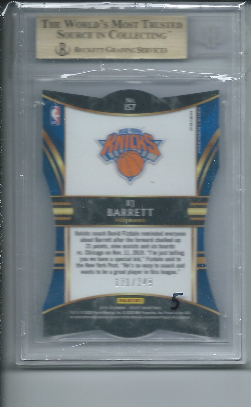 RJ BARRETT 2019-20 PANINI SELECT BLUE DIE CUT PRIZM RC /249 BGS 9.5 GEM POP 10
