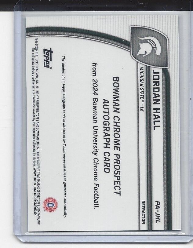 JORDAN HALL 2024 BOWMAN CHROME UNIVERSITY 1ST MSU REFRACTOR AUTO #D /299