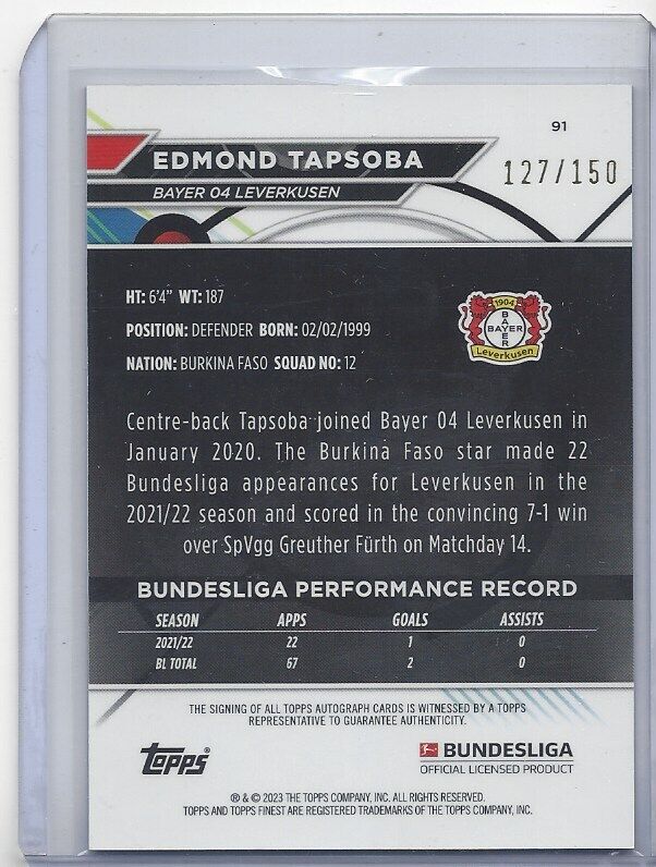 EDMOND TAPSOBA 2022-23 TOPPS FINEST BUNDESLIGA BLACK REFRACTOR AUTO #D 127/150