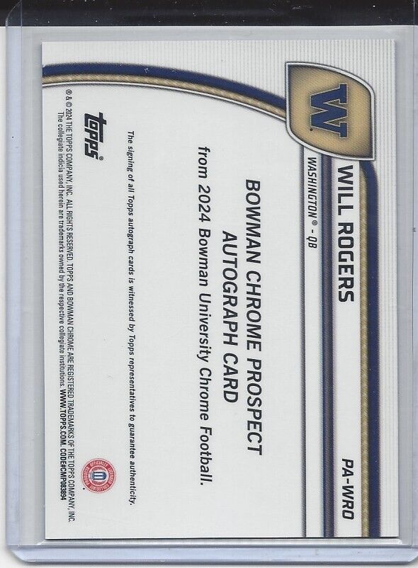 WILL ROGERS 20224 BOWMAN CHROME UNIVERSITY PURPLE REFRACTOR WASHINGTON AUTO /150
